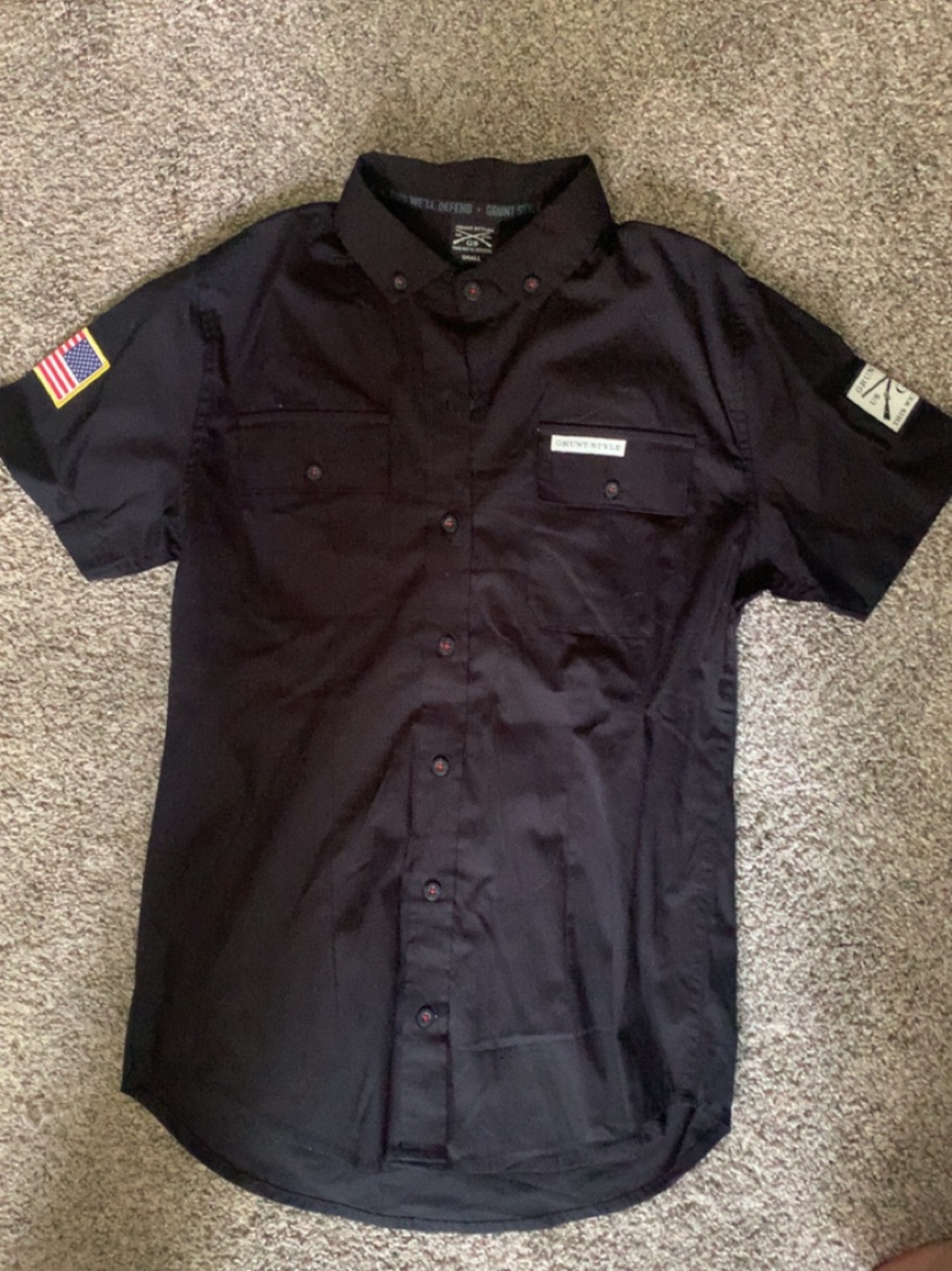 Grunt Style Black Short-Sleeve Button Down Shirt with Patch Accents